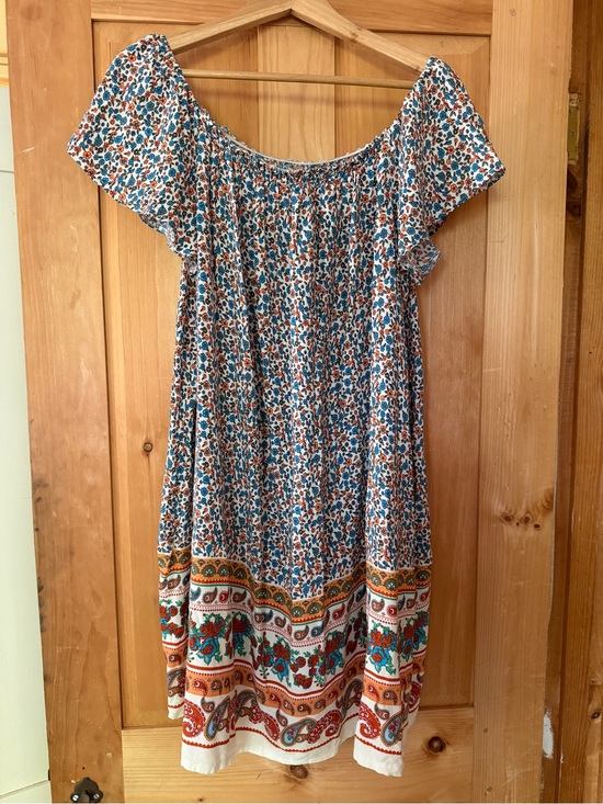 Anna-Kaci Dresses & Skirts - Floral Border Off-Shoulder Women's Dress in White and Teal